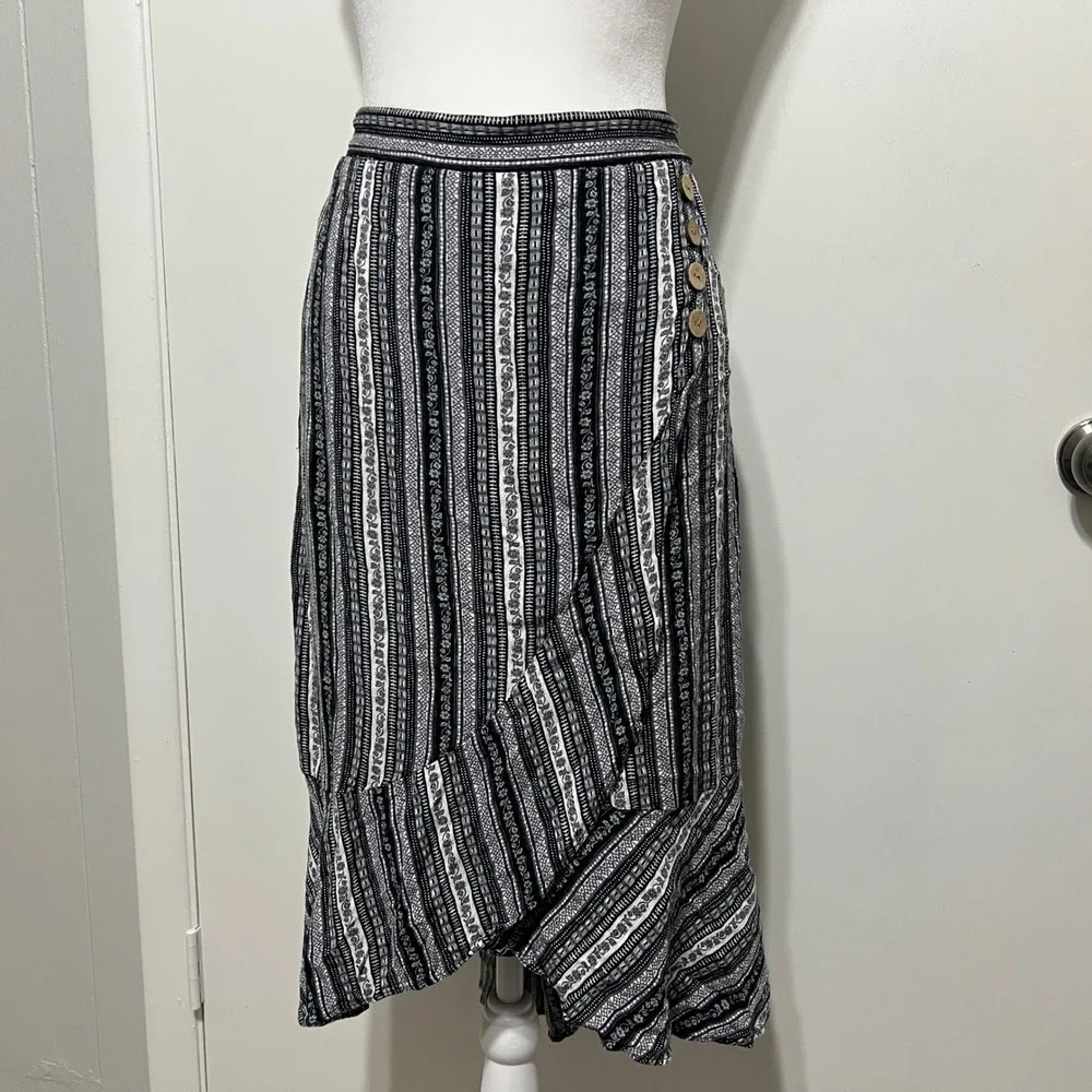 Alyx Womens Striped‎ Midi Skirt Size XL Black White Ruffle Hem Boho Festival